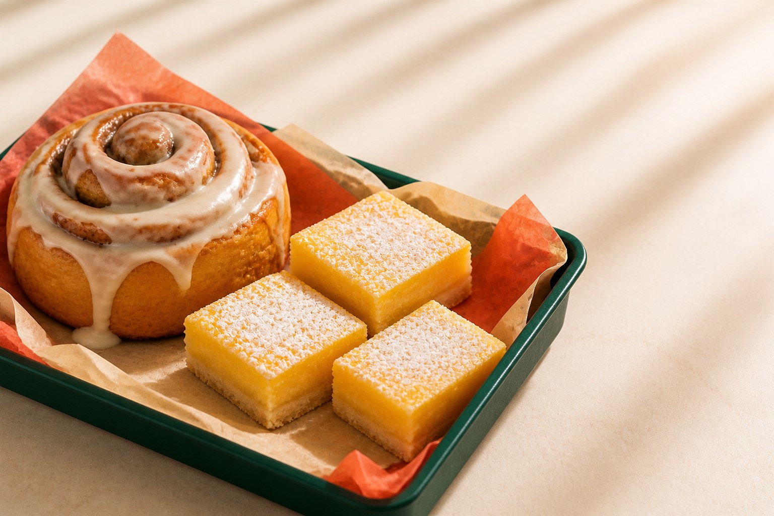 Glazed cinnamon rolls and bright lemon bars arranged on a forest green tray