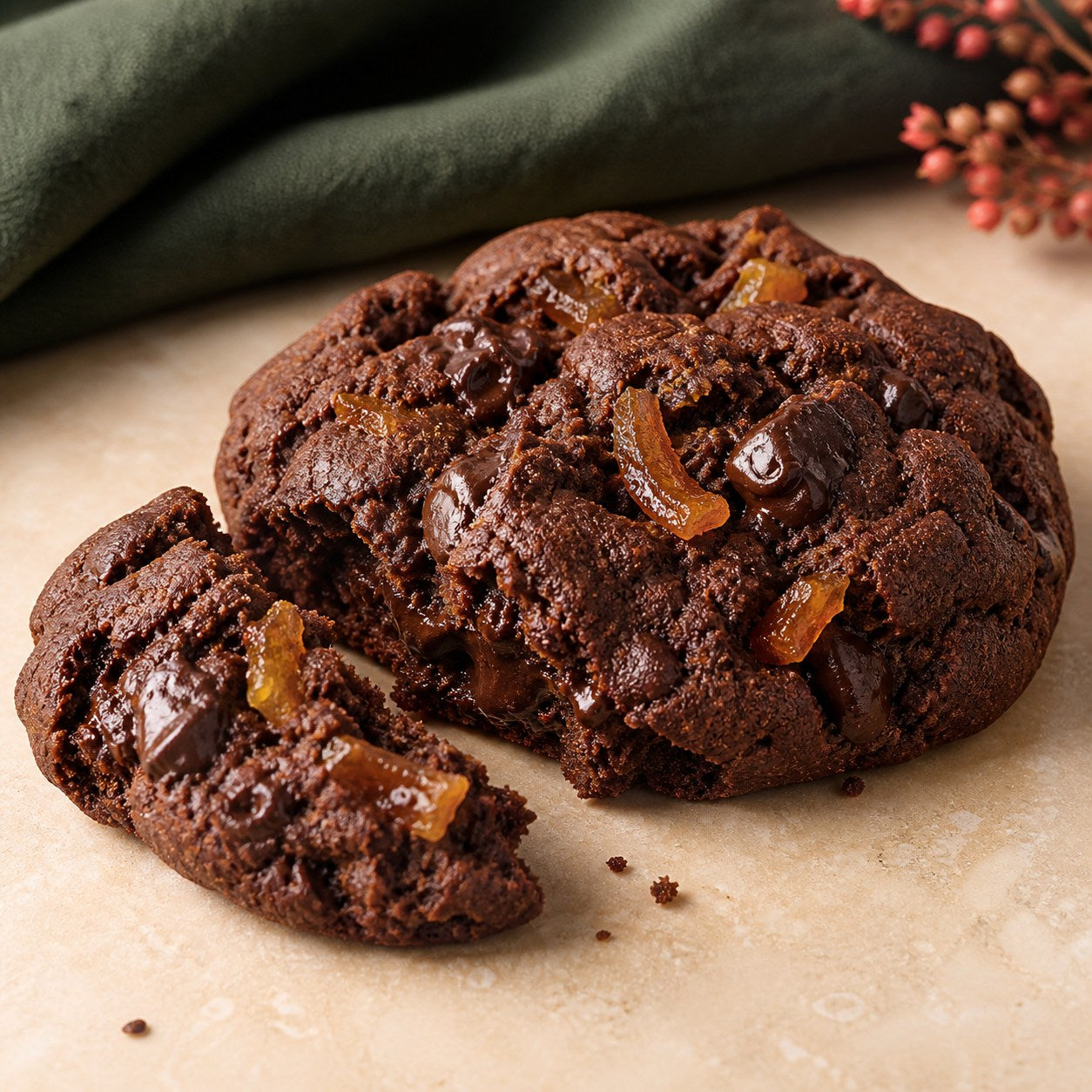 A thick Dark Matter chocolate cookie with candied orange