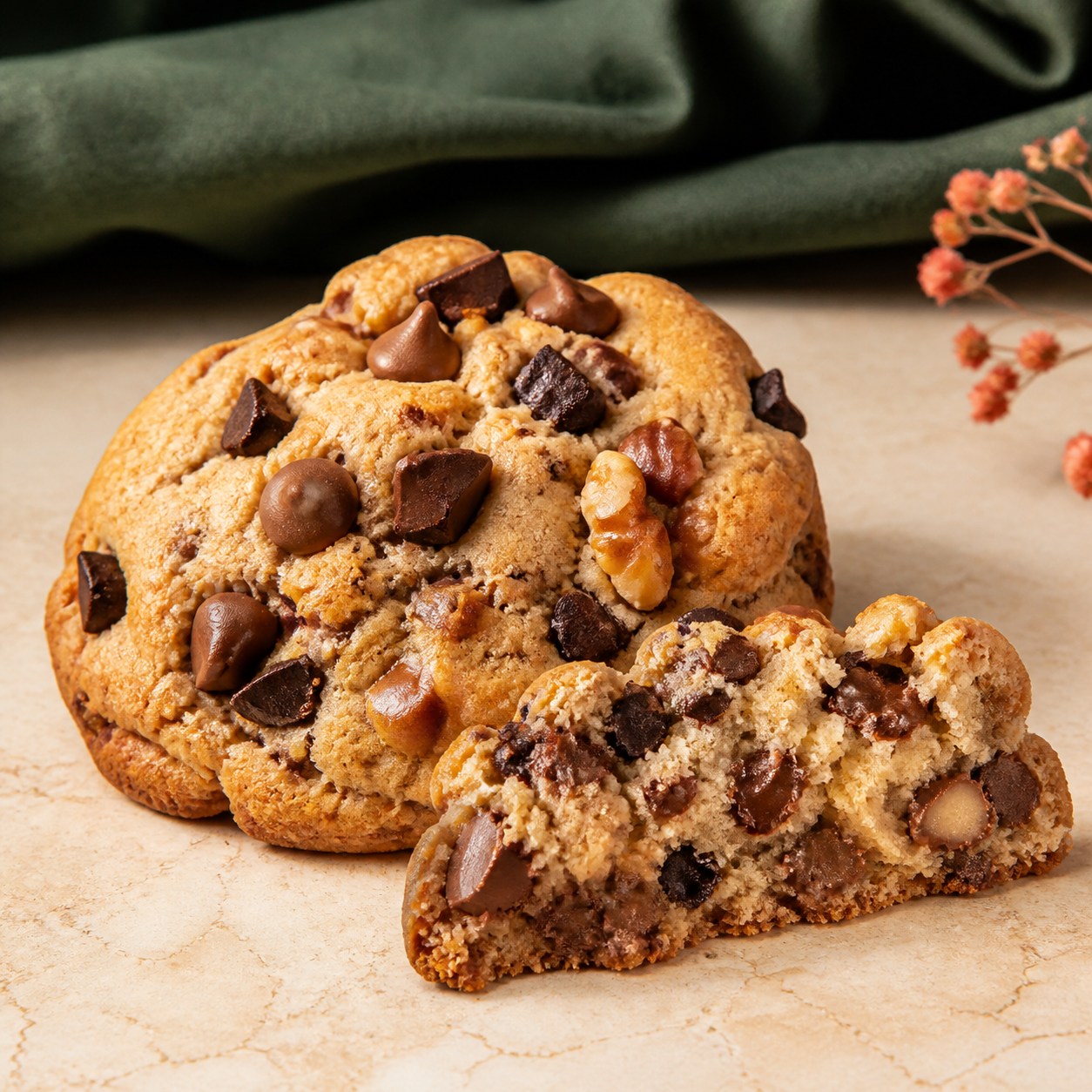Two thick triple-chip walnut cookies, one broken open to show chocolate chips and walnuts