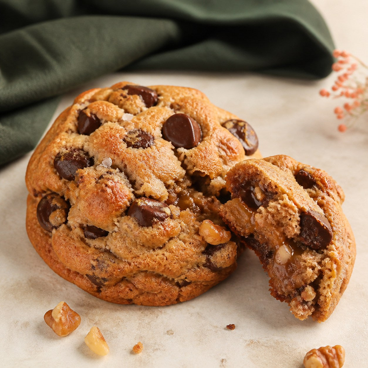 Two miso caramel walnut chocolate chip cookies with caramel pieces on a stone surface