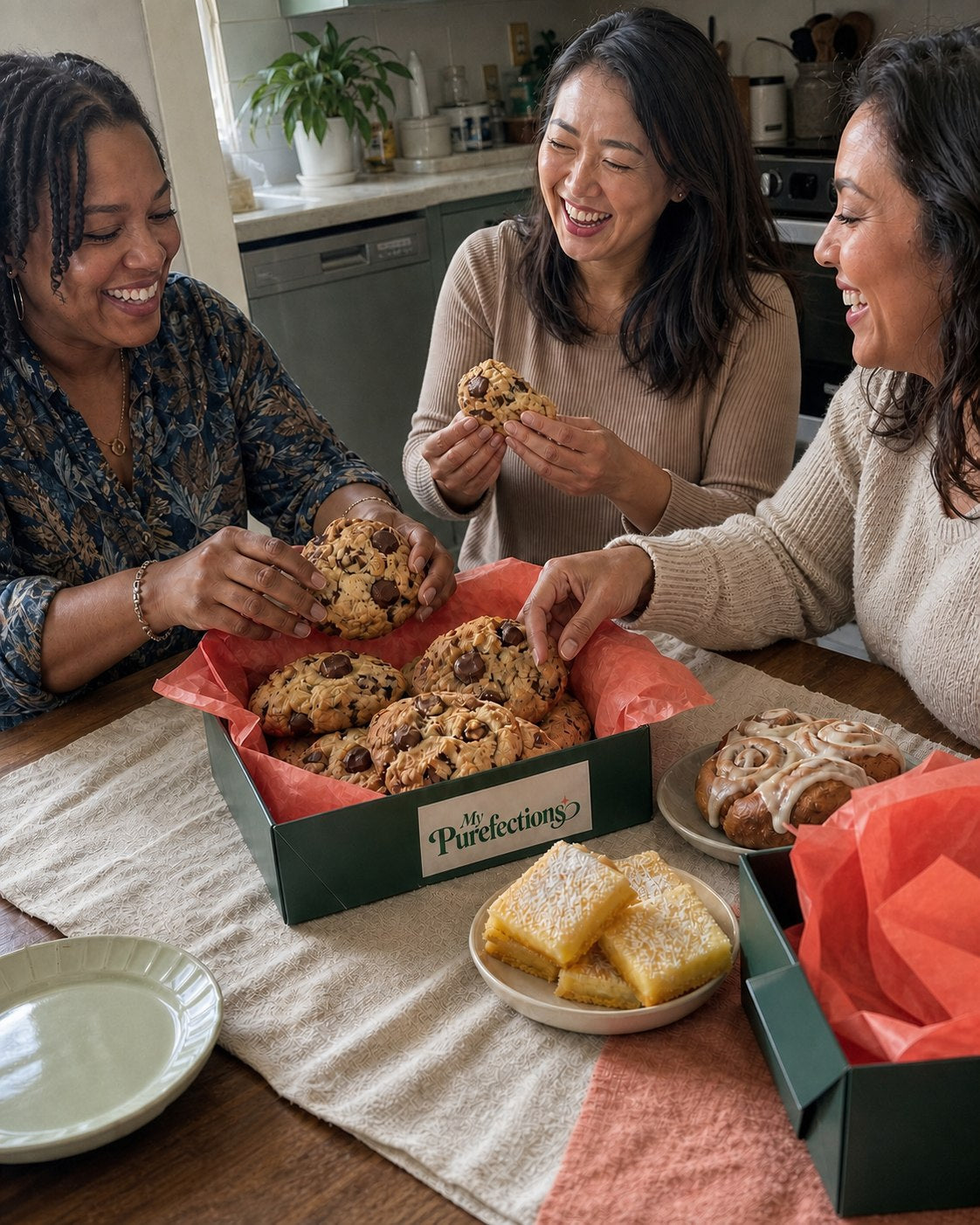 Friends gathering around a box of thick-baked cookies, cinnamon rolls, and lemon bars