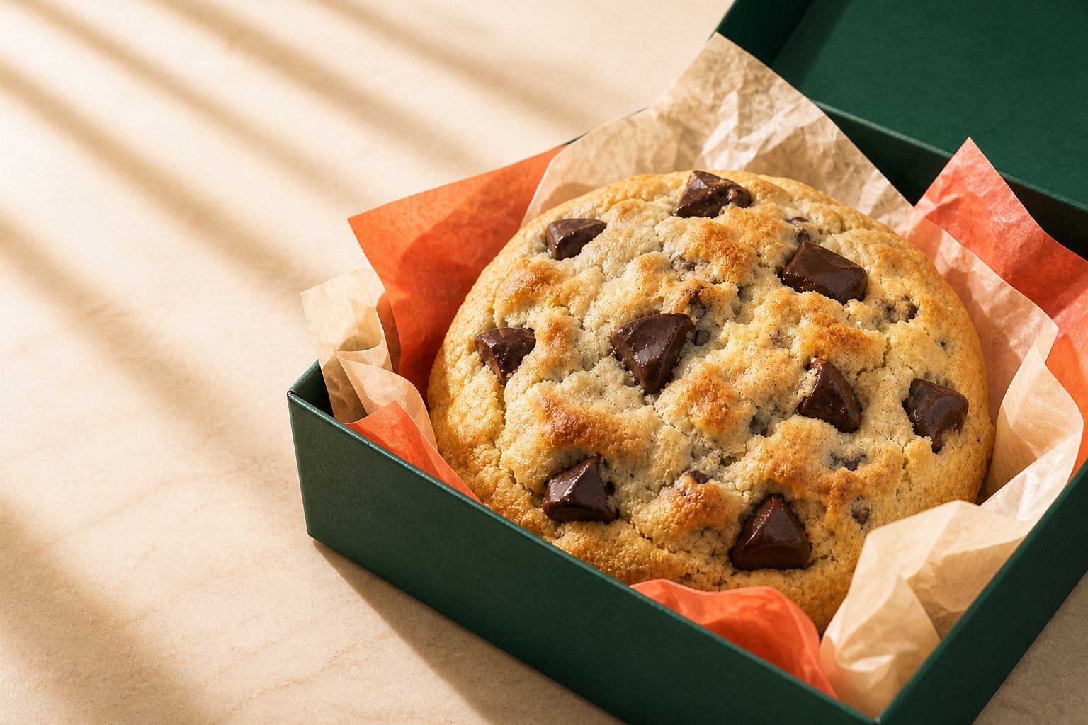 An oversized thick-baked chocolate chip cookie beside a forest green bakery box