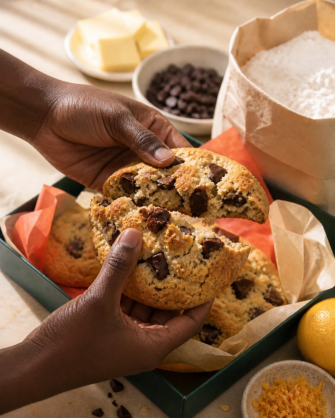 Hands breaking open a thick chocolate chip cookie beside carefully chosen baking ingredients